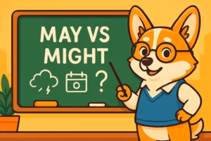Обложка: корги-учитель у зелёной доски с надписью May vs Might, иконки погоды и календаря