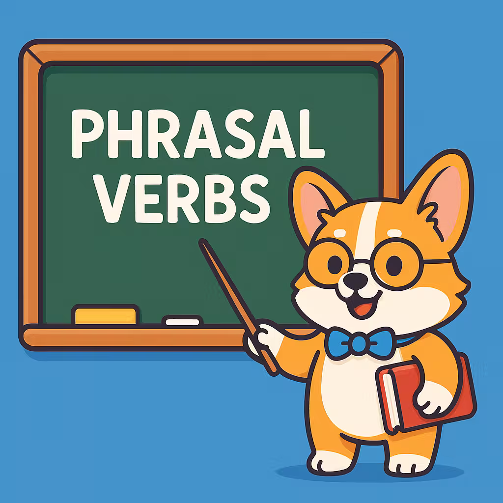 Обложка: корги-учитель у доски с фразовыми глаголами — phrasal verbs