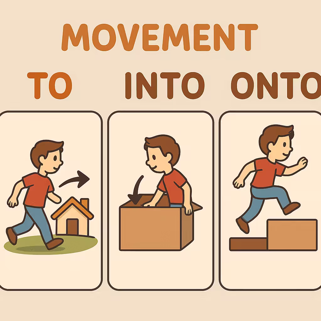 Схема предлогов движения: to — к дому, into — внутрь коробки, onto — на платформу
