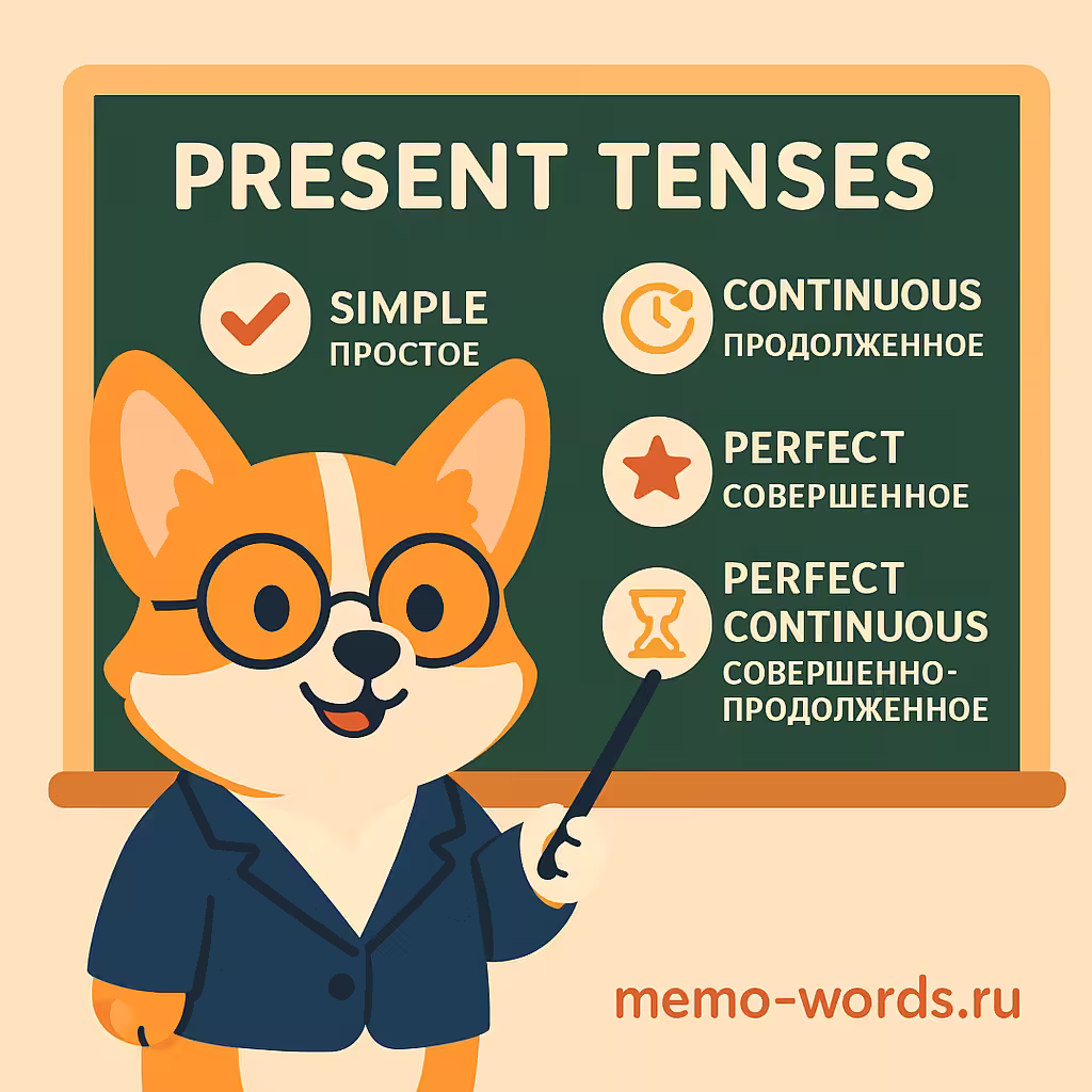Present Tenses — Simple, Continuous, Perfect и Perfect Continuous, корги-учитель у доски