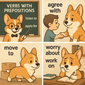 Инфографика: verbs with prepositions — группы и примеры (listen to, depend on, apply for, agree on)
