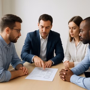 Группа деловых людей обсуждает проект на встрече, сосредоточенно слушая и делая заметки, в офисной обстановке.