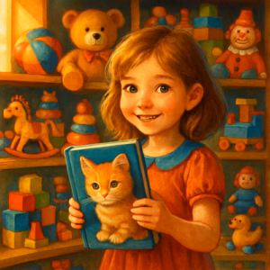 Маленькая девочка держит книгу с изображением котенка, окружена игрушками и мягкими игрушками в игровой комнате.